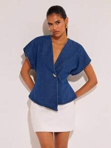 COSMINA 女式单扣蝙蝠印花短袖休闲牛仔衬衫 - 深色水洗藍 - 查看 4