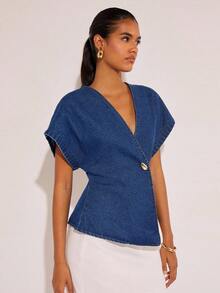 COSMINA 女式单扣蝙蝠印花短袖休闲牛仔衬衫 - 深色水洗藍 - 查看 5