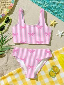 Cute Striped Bow Print, Cream Pink, Beach Vacation, #Coconutgirl, Tween Girls Casual Minimalist Camisole & Triangle Bikini Swimsuit Set, Suitable For Summer Princess Chic, Little Stars, Tween Girl Swimwear, Vacay Romance - Pink - View 3