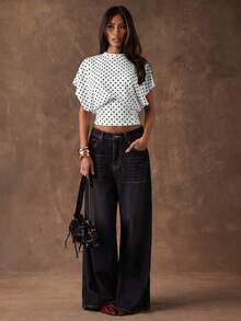 SHEIN BAE Women's Polka Dot Fitted Short Sleeve Fashionable Cropped Summer T-Shirt - White - View 6