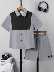 SHEIN 2pcs Tween Boys' Casual Color-Blocked Shirt And Loose Shorts Set, Suitable For Commuting, School, Daily Casual, Vacation, Sports, Spring/Summer/Autumn/Winter 15 Year Old Boy Clothes Shorts Boys Short Suit Tween Boy Clothes Short Set - Grey - View 4