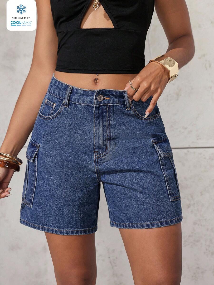 Quần short denim nữ dáng rộng, thoải mái, có túi hộp. - Màu xanh hải quân - Xem 1
