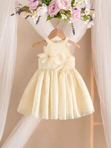 女婴优雅可爱公主裙，杏色花卉欧根纱无袖连衣裙 - 杏色 - 查看 3