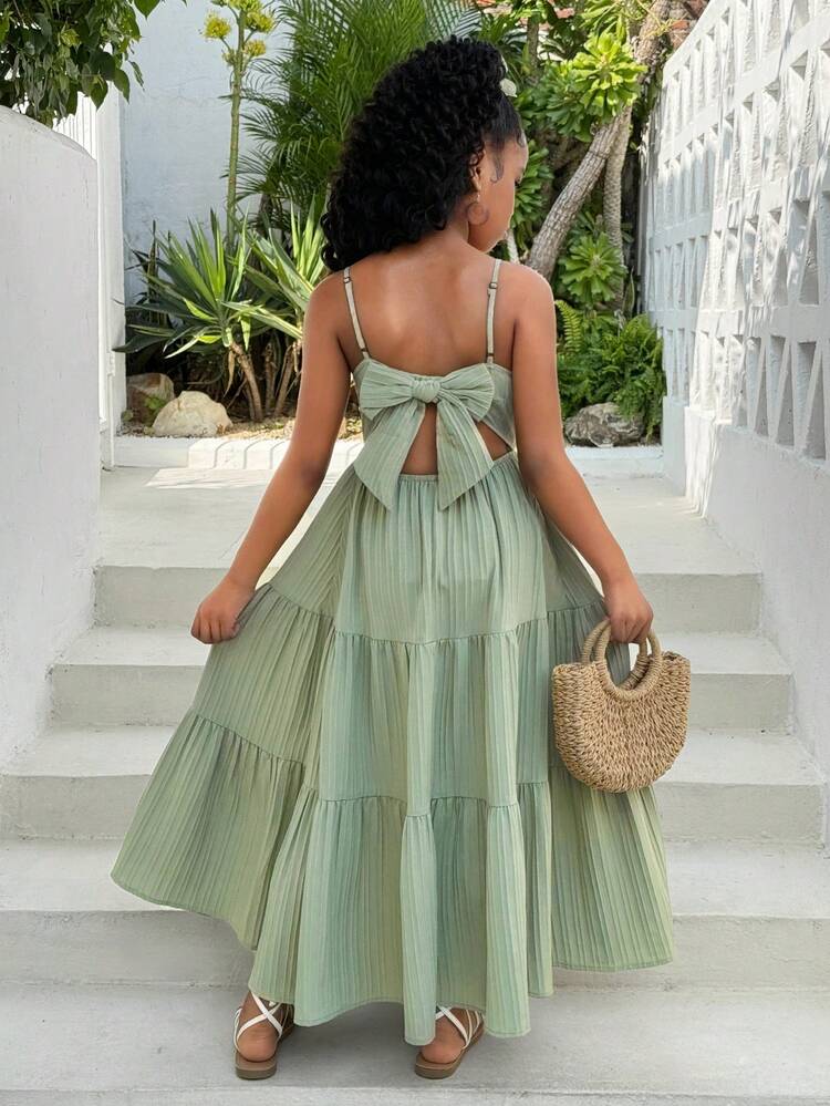Vestido casual de vacaciones con volantes, tirantes y lazo en la espalda para niñas preadolescentes, color verde, primavera/verano - Verde - Añade 1