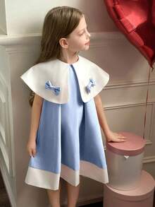 Elladie kids 女童白色领蝴蝶结设计宽松A字连衣裙 - 藍色 - 查看 5