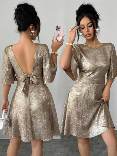 SHEIN Raffinéa 女士优雅露背系带荷叶袖收腰短款连衣裙，适合外出和约会，春夏款