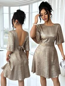 SHEIN Raffinéa Đầm ngắn nữ thanh lịch, lưng khoét sâu, buộc dây, tay bồng, thắt eo, thích hợp cho các buổi đi chơi và hẹn hò, mùa xuân/hè. - Vàng - Xem 5