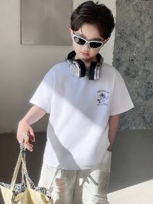 DAZY Camiseta de manga corta casual de cuello redondo con estampado de letras y palmeras para niño preadolescente en verano - Blanco - Ver 1