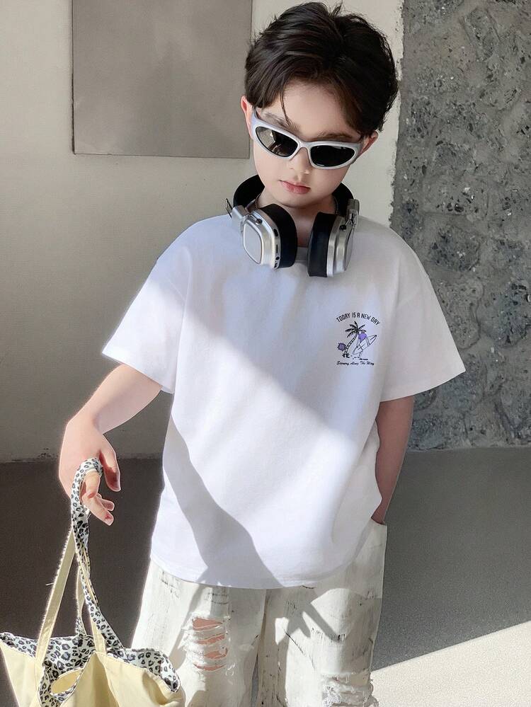 Tween Boy Letter & Palm Tree Print Round Neck Short Sleeve Casual T-Shirt Summer