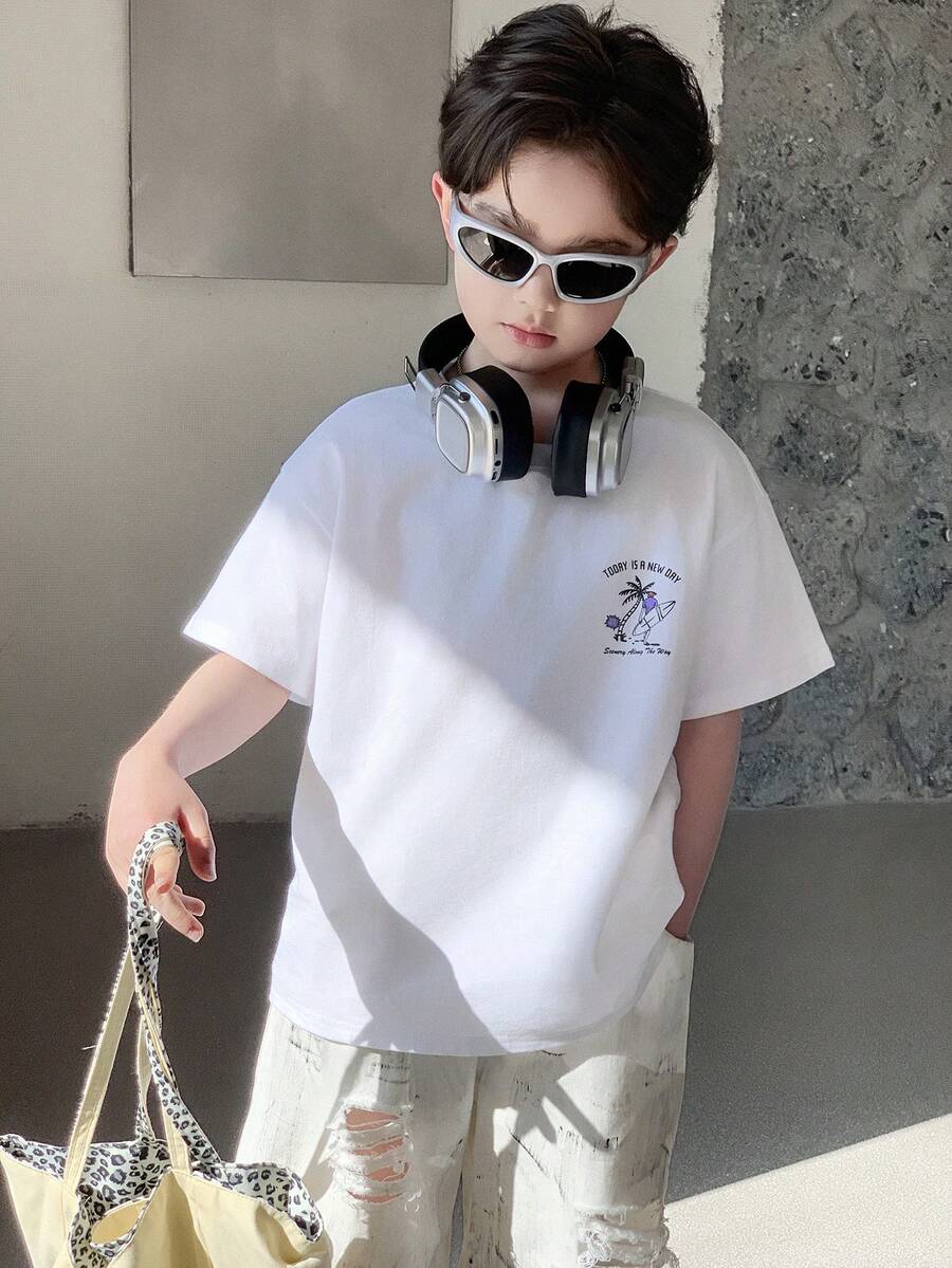 DAZY Camiseta de manga corta casual de cuello redondo con estampado de letras y palmeras para niño preadolescente en verano - Blanco - Ver 1