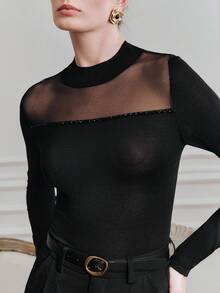 Anewsta Women's Mesh Beaded Long Sleeve Slim Fit Blouse T-Shirt - Black - View 1