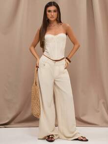 SHEIN X YERIMUA SHEIN BAE Áo lót bralette tối giản, chất liệu pha lanh, kiểu dáng vintage, thích hợp cho kỳ nghỉ thư giãn, nghỉ mát ở biển, du lịch miền Nam nước Pháp, Ý, Ibiza, áo lanh, áo mặc đi làm, áo lót bralette mặc thường ngày. - Màu be - Xem 4