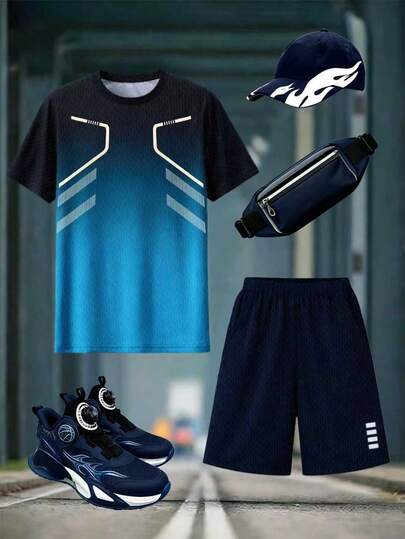2件套青少年时尚网眼面料经典黑蓝渐变色运动T恤和短裤，休闲户外适合球场、聚会、日常穿着