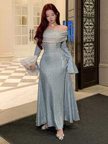 DAZY Đầm dài trễ vai xếp ly dành cho nữ, có lớp lót giữ nhiệt, thích hợp cho mùa tựu trường và các dịp trang trọng. - Xám Xanh - Xem 9