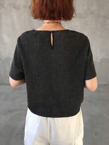 FRIFUL 女士圆领抽绳下摆纹理面料装饰短袖T恤 - 黑色 - 查看 6