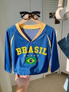 SHEIN EZwear Áo croptop nữ mùa hè tay ngắn cổ chữ V in chữ phối màu tương phản, áo len dệt kim tay raglan, phù hợp cho người hâm mộ thể thao, trang phục cổ vũ đội tuyển, tham dự sự kiện thể thao, áo thun thể thao sọc vàng xanh, áo croptop nữ phối đồ thể thao Brazil. - Nhiều màu - Xem 7