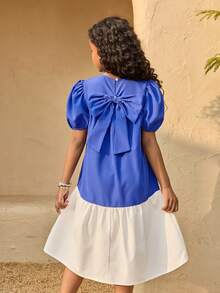 Tween Girls Casual Cute Vacation Midi Dress, Blue & White Patchwork With Bow Back, Sundress - Multicolor - View 3