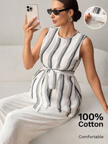 MaterniWear Two-Piece Maternity Set, Elegant Summer Office Wear, Featuring A Black And White Striped Backless Camisole Paired With Adjustable-Waist Wide-Leg Trousers; Pure Cotton Trousers. Comfortable And Breathable, With An Adjustable Elastic Waistband. Maternity Set, Summer Maternity Wear, Maternity Wear. - Black and White - View 9