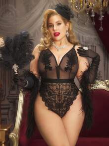 PinupPomp 大码极简透视性感迷人复古连体裤 - 黑色 - 查看 1