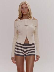 MUSERA Off The Shoulder Fold Over Bow Detail Zip Through Fitted Ribbed Knit Jumper Cute Girly Sexy Spring Winter Going Out Daily Easter Sugar Swizzle - Beige - View 1