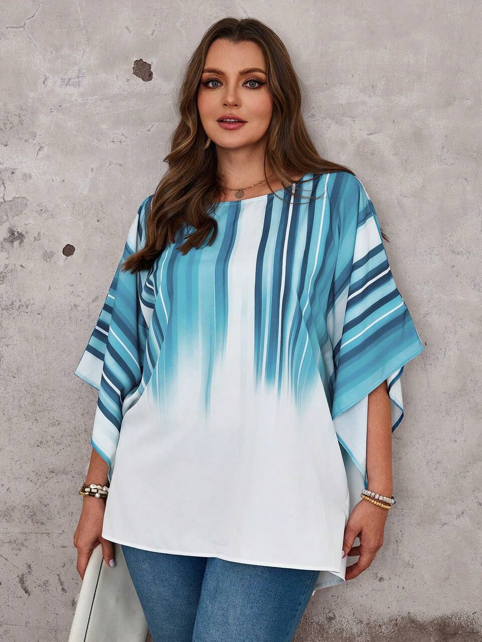Plus Size Women's Blue And White Gradient Ombre Print Blouse,Elegant Summer Vacation Round Neck Batwing Sleeve Loose Fit Beach Top,Daily Wear
