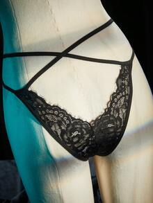 SpicyHot 两件套女士黑色蕾丝镂空性感内衣套装 - 黑色 - 查看 9