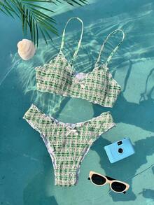 Swim Mod 格子图案细肩带蝴蝶结吊带比基尼套装 - 綠色 - 查看 8