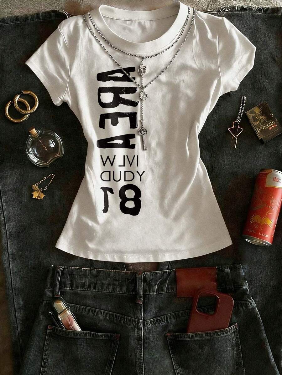 Glimmora Y2K复古字母图案舒适多彩圆领休闲街头风女式上衣，适合日常街头穿着 - 白色 - 查看 1