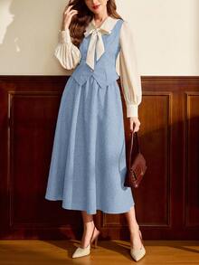 Vintamour 复古经典优雅学院风女式两件套，秋冬缎带领长袖两件套，咖啡色两件套 - 淺藍色 - 查看 7