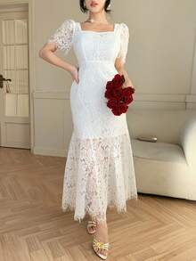 DAZY 女士蕾丝领短袖修身优雅长款连衣裙 - 白色 - 查看 6