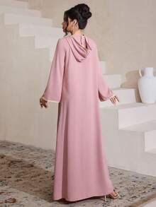 Al Najma Elegante cárdigan con capucha de manga larga, de corte holgado y con adorno de encaje floral para mujeres - Rosa - Ver 2