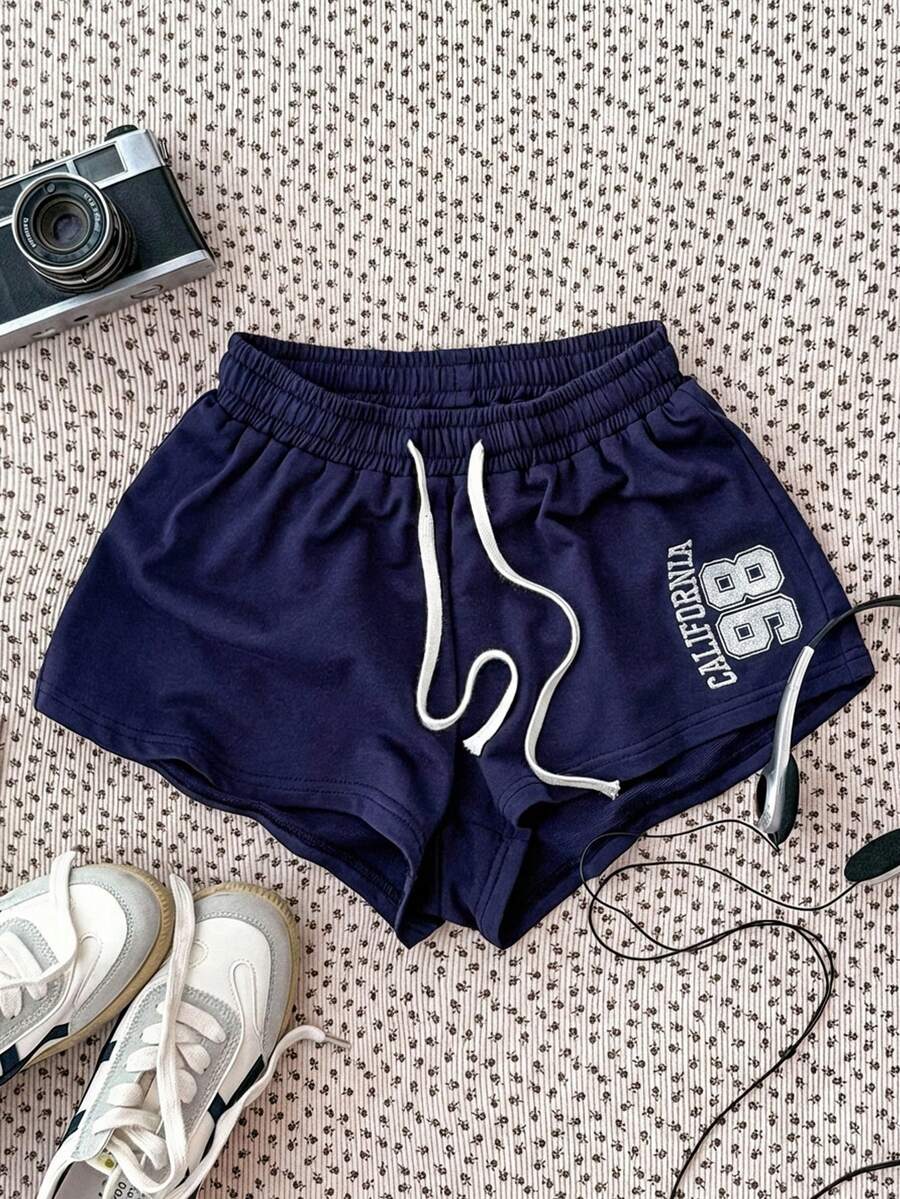 SHEIN 少女款藏蓝色针织抽绳休闲短款上衣，饰有刺绣数字图案 - 寶藍色 - 查看 1