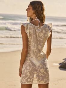 Aralina Lace Sheer Summer Spring Swim Vacation Beach Cover Up Mini Dress Ruffle Sleeve Sexy - Apricot - View 2