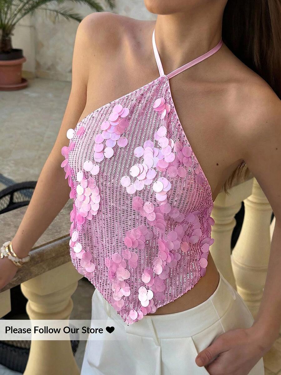 Aloruh Áo hở lưng gợi cảm đính sequin dành cho nữ, thích hợp cho kỳ nghỉ hè, phong cách boho nhiệt đới, kiểu phương Tây. - Hồng - Xem 1