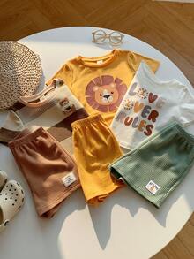 SHEIN 6件套男女宝宝休闲可爱夏季针织狮子卡通印花短袖T恤和松紧腰短裤套装，基础款多件套 - 彩色 - 查看 7