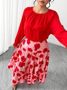 Elenzga Bộ 2 món trang phục thanh lịch và thời trang in họa tiết ngẫu nhiên cỡ lớn dành cho nữ ngày lễ tình nhân - Đỏ - Xem 3