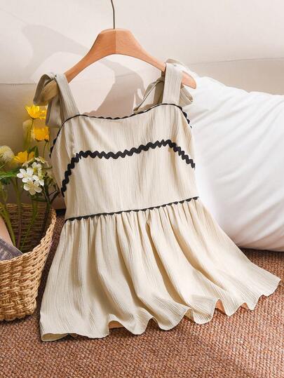 CosyJoli Plus Size Contrast Color Shoulder Tie Ruffle Hem Pleated Summer Tank Top