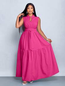 SOLERSUN 加大码蓝色立领前开襟无袖束腰系带连衣裙女式优雅休闲时尚通勤外出连衣裙夏季新款女装 - 玫紅色 - 查看 4