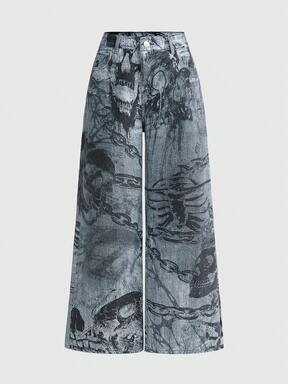 Grunge Punk Dark Gothic Skull Skeleton Chain Print Loose Wide-Leg Jeans