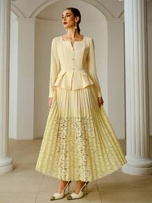 ZEYLAH Elegant Lace Patchwork Long Dress For Women - Yellow - View 5