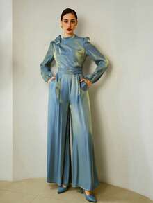 ZEYLAH Mono elegante de mujer con decoración de lazo y mangas de farol - Azul - Ver 6