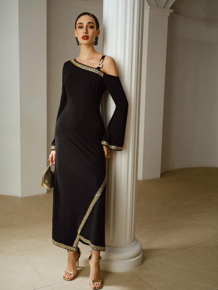 ZEYLAH Women's Sequin Patchwork Strap Design Dress - Black - View 1