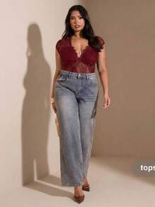 SHEIN BAE 大码女式深V领褶皱连体衣 - 酒紅色 - 查看 7