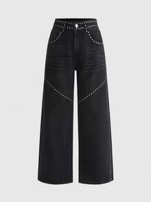 ROMWE Grunge Punk Y2K Retro Millennium Baddie Punk Rivet Design Versatile Women Low Waist Loose Straight Leg Jeans - Black - View 1