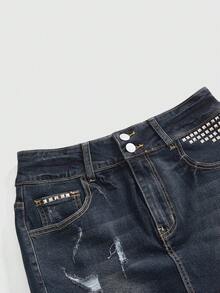 ROMWE Grunge Punk Y2K性感朋克骷髅铆钉做旧牛仔迷你裙（女款） - 藍色 - 查看 3