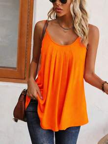SHEIN LUNE 女士休闲纯色褶皱吊带背心，夏季 - 橘色 - 查看 3