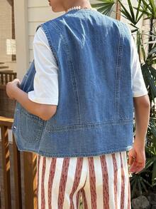 Livesso 女士纯棉蓝色无袖V领休闲牛仔衬衫，夏季 - 藍色 - 查看 2