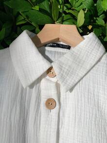 SHEIN EZwear White Woven Women Summer Plain Drop Shoulder Loose Shirt And Shorts Casual Set - White - View 6