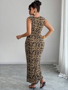 Elenzga Plus Size Women's Round Neck Sleeveless Wrap-Style Metal Buckle Decor Leopard Print Elegant Dress, Spring/Summer - Multicolor - View 2