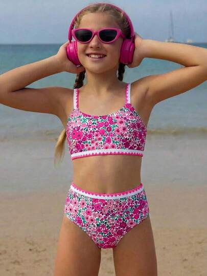 Tween-Mädchen Bikini-Set mit Blumendruck, 2-teiliges Badeanzug, süßer und modischer Stil geeignet für jede Gelegenheit, Frühling/Sommer